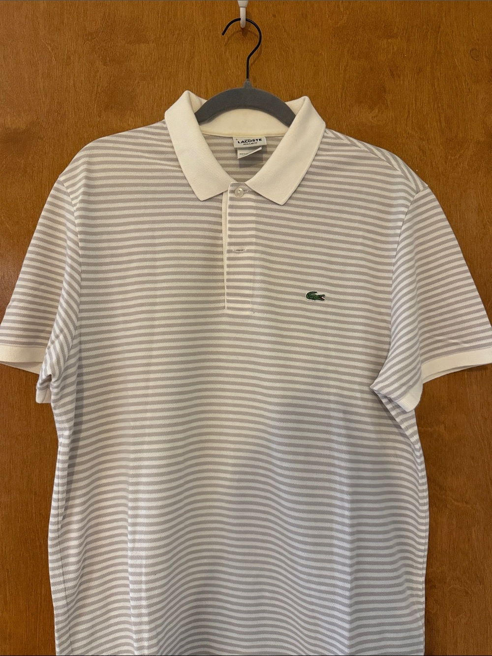 Lacoste Men's Short-Sleeve Polo in White & Light Gray Stripes